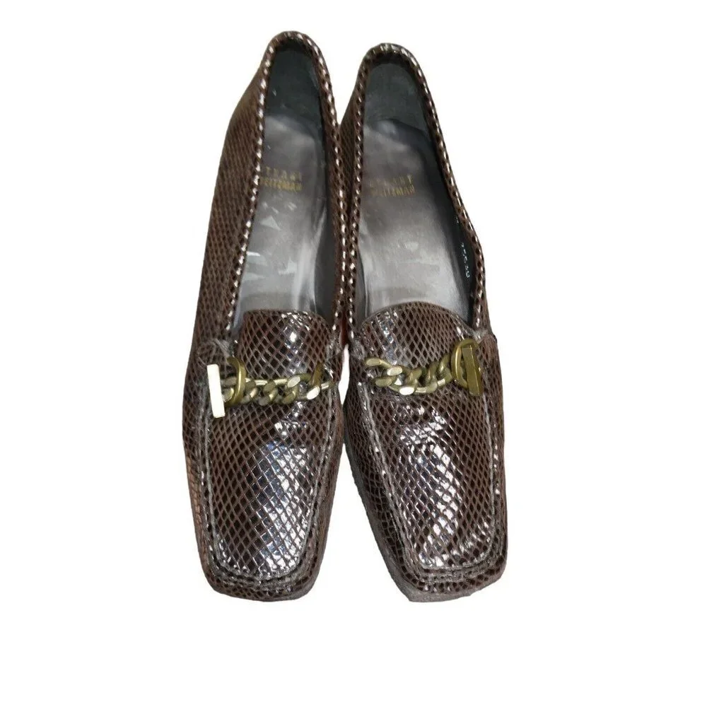 Stuart Weitzman Size 9 N Narrow Brown Serpentine Snake Print Wooden Wedges Chain - Picture 3 of 12
